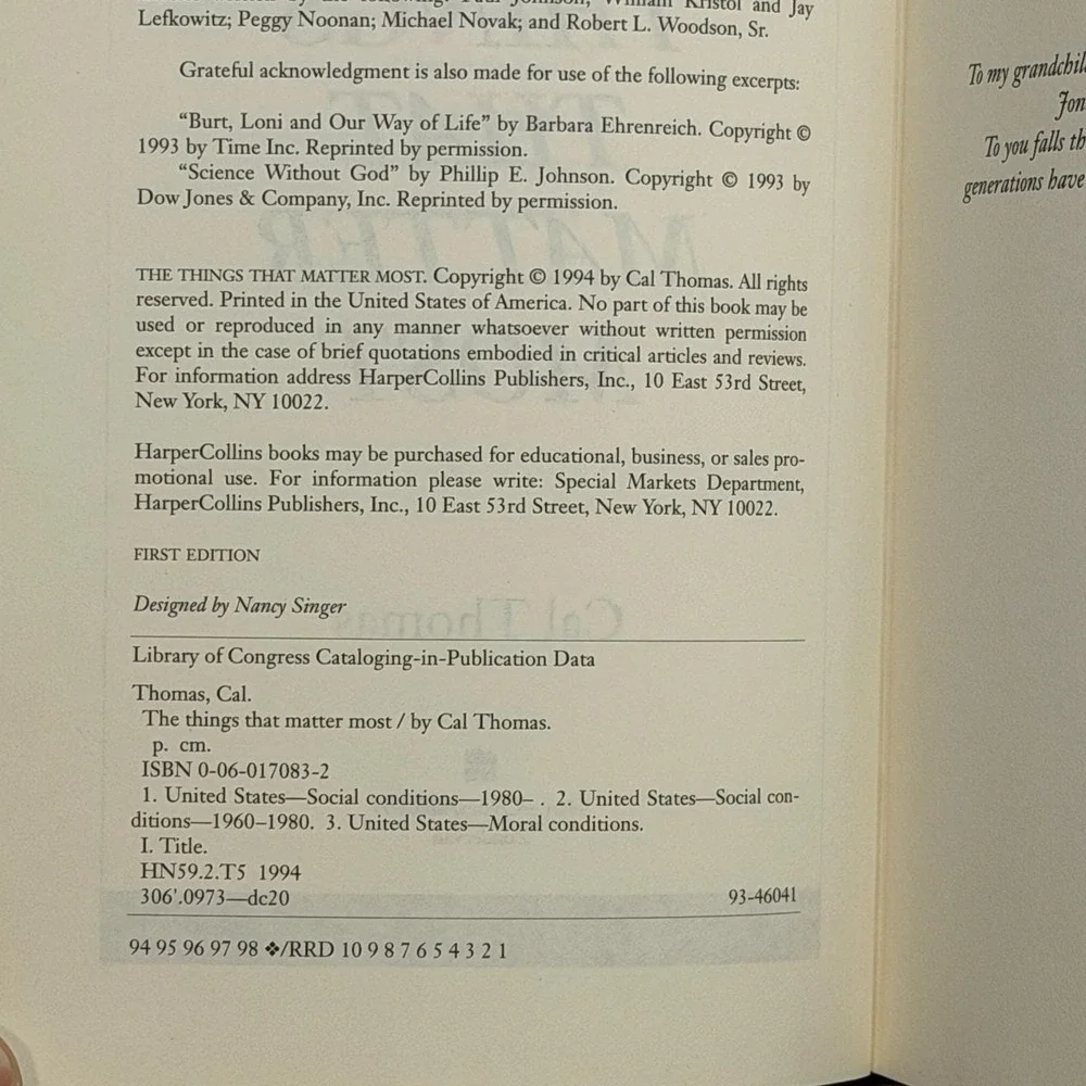 The Things That Matter Most Cal Thomas Signed First Edition HC/DJ Rush Limbaugh